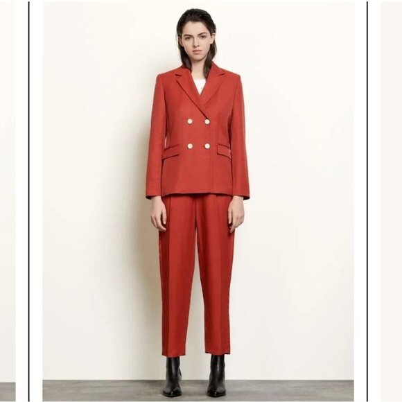 Sandro Paris Double-breasted Twill Oversized Blazer Jacket Sz 36/ 4 US Red - Picture 2 of 13